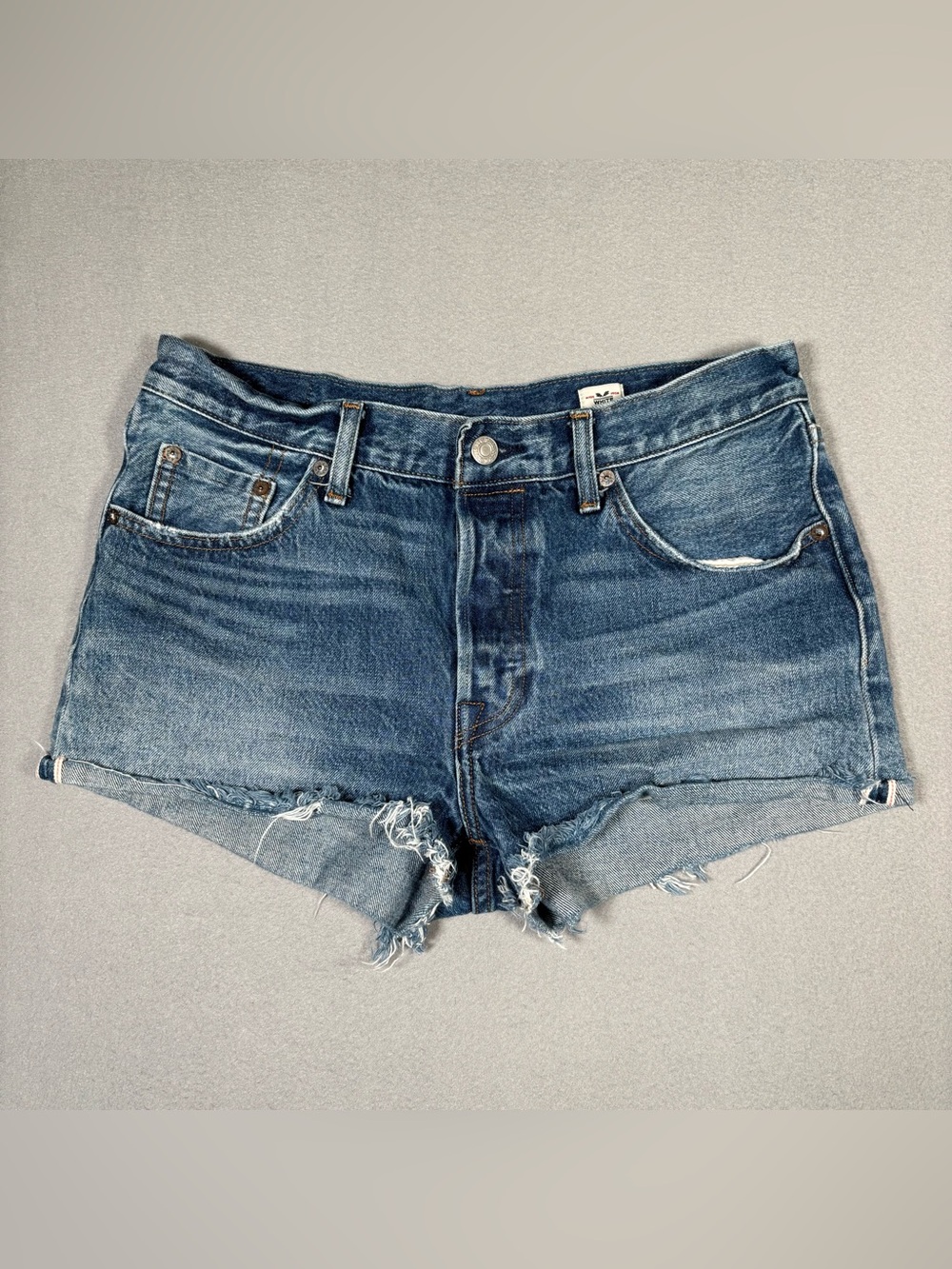 Levi's 501 Denim Shorts Womens 28 Blue Selvedge White Oak Cone Cutoff W30